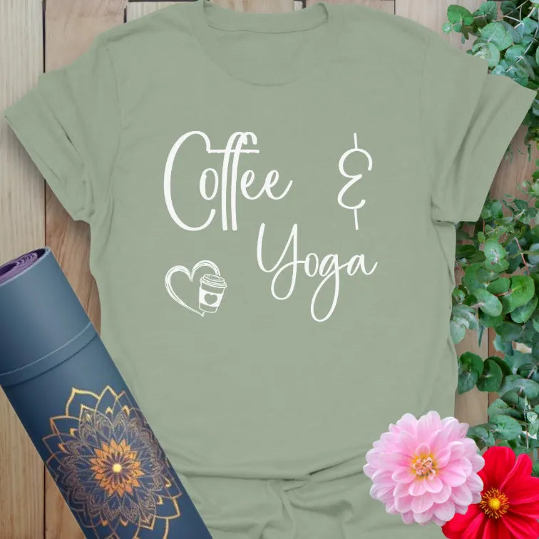 Sage green t-shirt featuring coffee and yoga quote for relaxed, soulful living