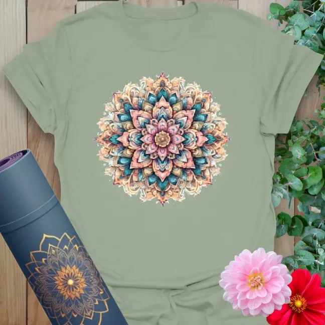 Sage green t-shirt with colorful mandala symbolizing harmony and creativity