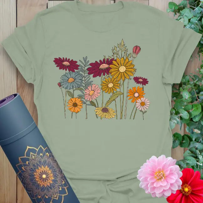 Sage green yoga tee with playful cottage garden flowers and soulful nature vibe