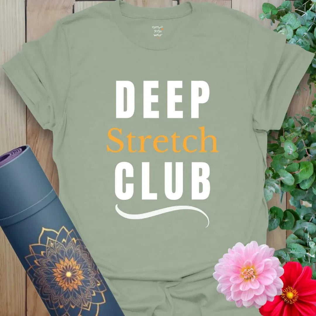 Sage green Deep Stretch Club T-Shirt featuring a minimalist design. Comfy unisex fit perfect for yoga, rest days, or mindful moments.