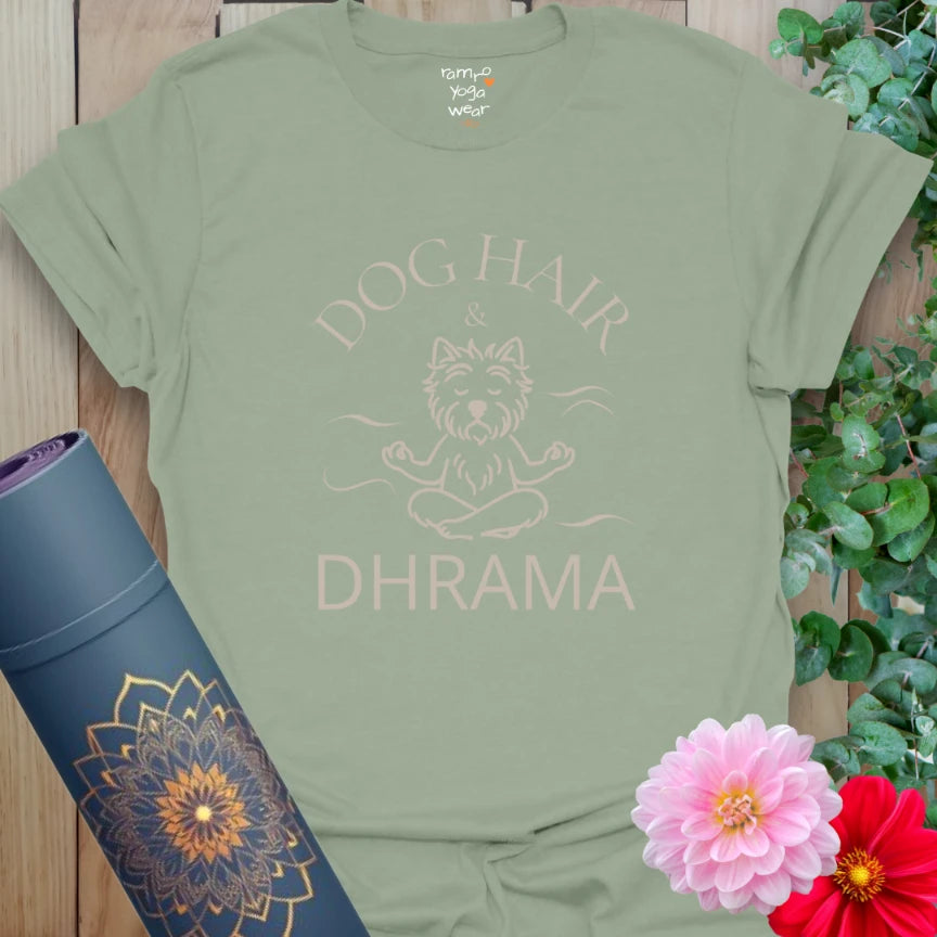 Sage Dog Hair T-Shirt with whimsical meditating dog illustration. A calming color for daily practice and canine company.