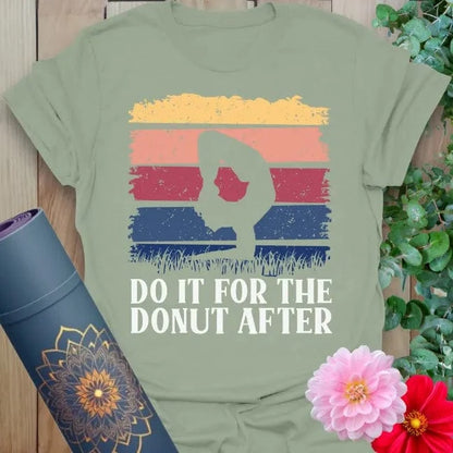 Sage green yoga t-shirt with playful donut reward mantra and retro color bands