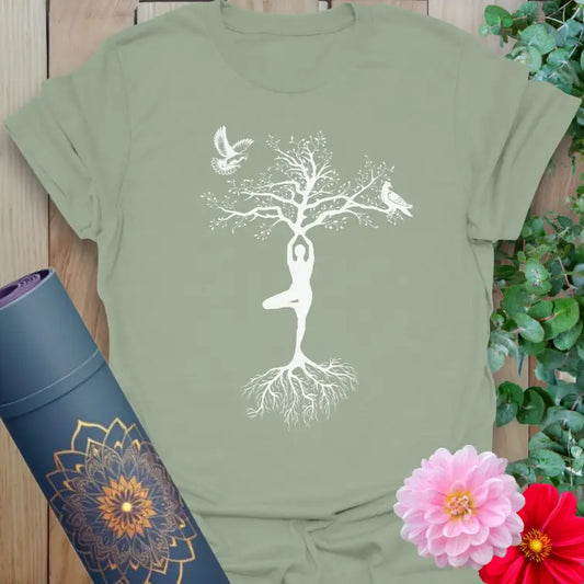 Sage green yoga t-shirt showcasing tree of life pose and spiritual doves