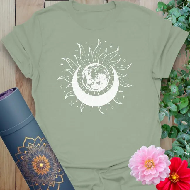 Sage green Eclipse T-Shirt featuring earthy moon and sun alignment design
