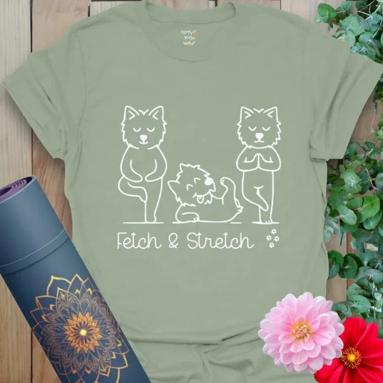 Sage Fetch T-Shirt featuring playful dogs in yoga-inspired line art. “Fetch & Stretch” dog lover yoga tee.