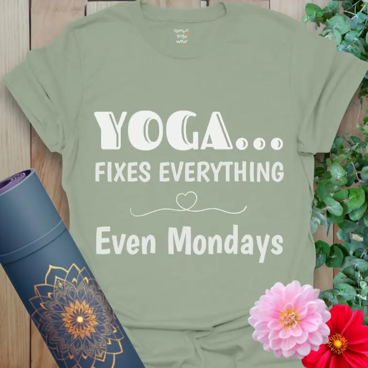 Sage Fixes Everything T-Shirt with soft yoga-inspired message and heart accent. Relaxed mindful tee for peaceful, grounded days.