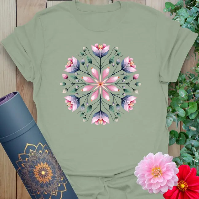 Calm sage green yoga t-shirt featuring delicate floral mandala design for earth-connected mindfulness and spiritual growth.
