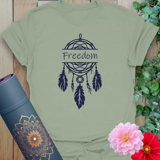  Calm sage green yoga t-shirt featuring dreamcatcher artwork symbolizing mindful freedom, hope, and soulful journeys.