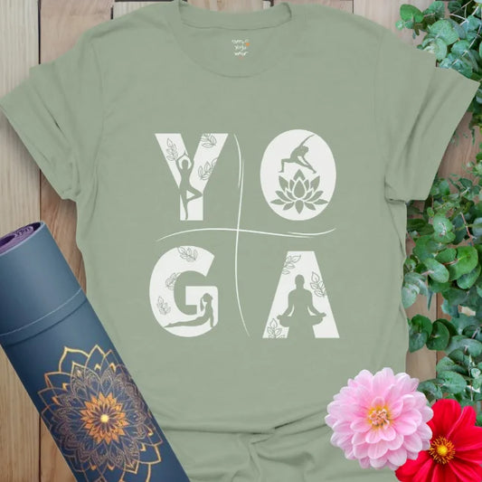 Sage green yoga shirt with white YOGA block lettering and silhouette figures. Soft and earthy, perfect for mindful movement.
