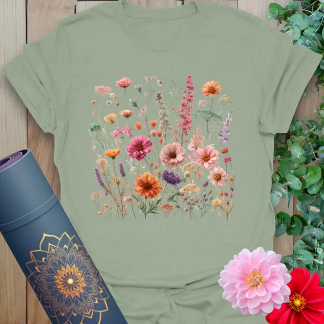 Calm sage green yoga t-shirt featuring vivid wildflower and gerbera design symbolizing mindful movement and natural beauty.