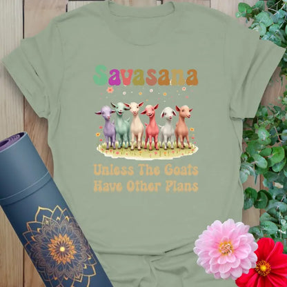 Calm sage green yoga t-shirt featuring lineup of colorful goats and humorous mindful yoga quote for joyful movement.