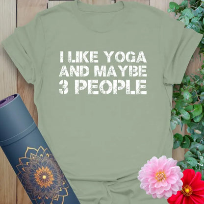 Calm sage green yoga t-shirt featuring funny yoga quote graphic perfect for mindful introverts and soulful seekers.