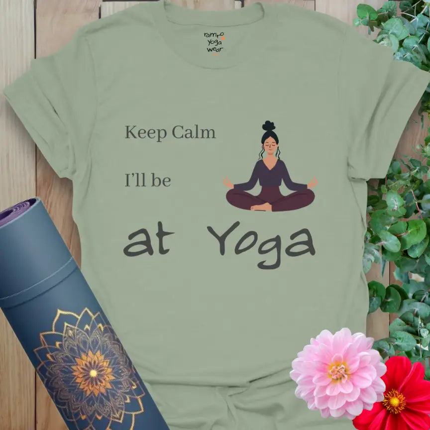 Sage Keep Calm T-Shirt with calming yoga illustration and relaxed studio-inspired text.