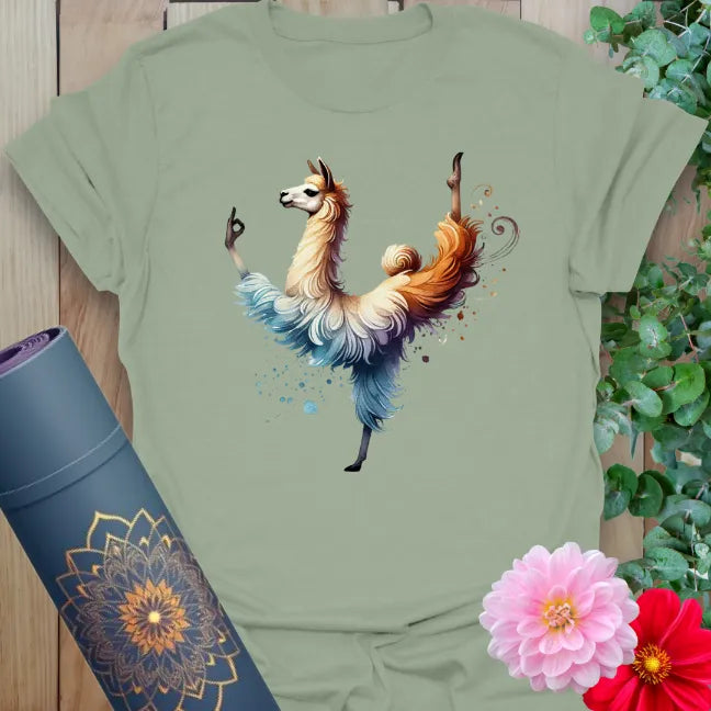 Calm sage green yoga t-shirt with playful meditating llama artwork celebrating balance, movement, and conscious fun.