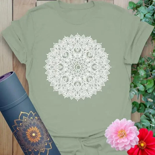 Calm sage green yoga t-shirt featuring symmetrical mandala art for grounded, heart-centered, and spiritual living.