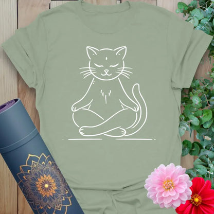 Calm sage green yoga t-shirt featuring zen cat artwork inspiring soulful, relaxed, mindful living.