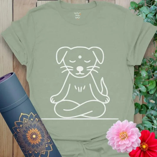 Soft green mindful tee with yoga dog in meditation pose.