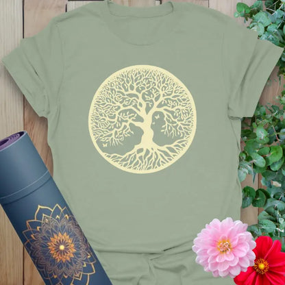 Calm sage green yoga t-shirt featuring Tree of Life within a sacred circle representing grounding, conscious growth, and soulful expansion.