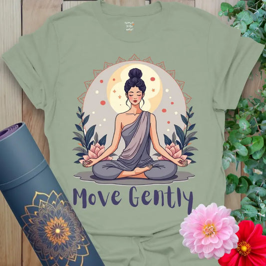 Calm sage green yoga t-shirt featuring serene meditation figure with soulful "Move Gently" affirmation inspiring conscious, compassionate movement.