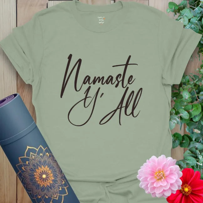 Sage green yoga t-shirt with Namaste Y’All message. Calm, natural, and cheeky — for mindful flow with personality.