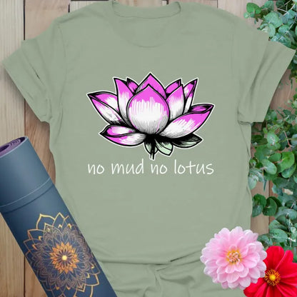 Calm sage green yoga t-shirt featuring colorful lotus flower and mindful growth message inspiring conscious strength and graceful transformation.
