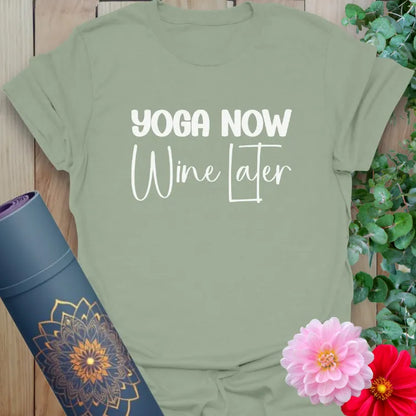 Calm sage green yoga t-shirt featuring playful balance mantra inspiring soulful movement, joy, and light-hearted conscious living