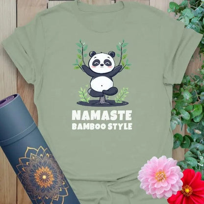 Calm sage green yoga t-shirt featuring fun "Namaste Bamboo Style" panda design for conscious, playful movement and relaxed living.