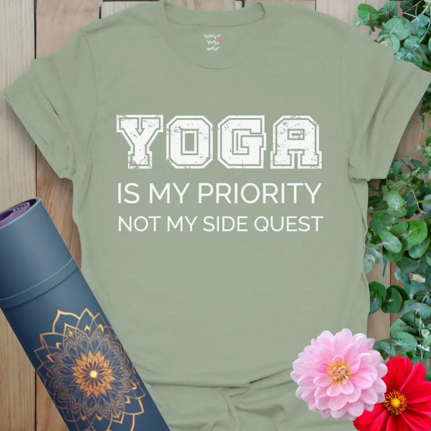 Sage Priority T-Shirt in an earthy, calming tone with a self-care inspired message for relaxed, intentional living.