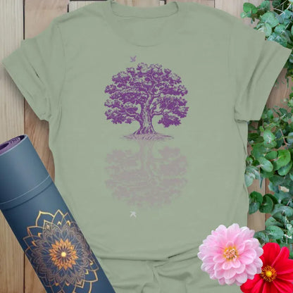 Calm sage green yoga t-shirt featuring tree of life design symbolizing inner and outer harmony, grounding, and mindful living.