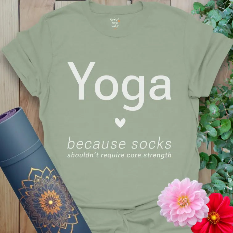 Sage Socks T-Shirt with calm “Yoga” headline, heart icon, and humorous socks phrase.