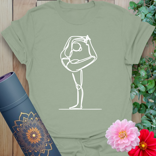 Sage green yoga t-shirt with minimalist white line illustration of Standing Bow Pose, ideal for grounded yet expressive movement.