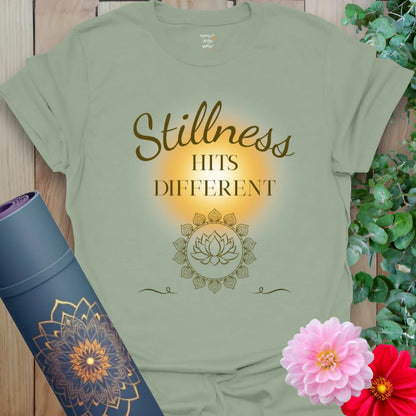 Sage Stillness Hits T-Shirt with serene golden glow and lotus mandala. Designed for inner peace, daily breathwork, or lounging in stillness.