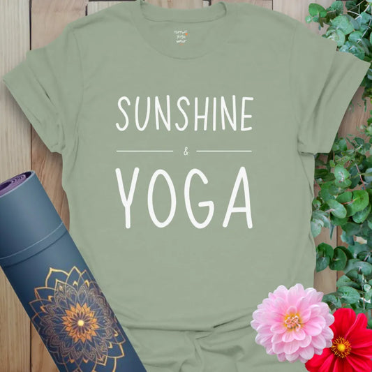 Sage green yoga tee with minimal white typography for calm, cheerful yoga and conscious casual style.