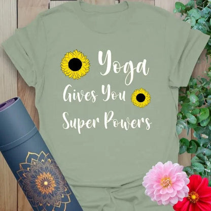 Sage green yoga tee featuring handwritten mantra and sunflower graphics, perfect for light-hearted empowerment.