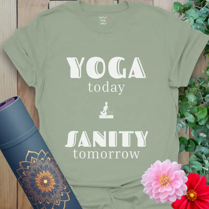 Sage Tomorrow T-Shirt in a calming earthy tone with a mindful, humorous message perfect for yogis who love soft resets.