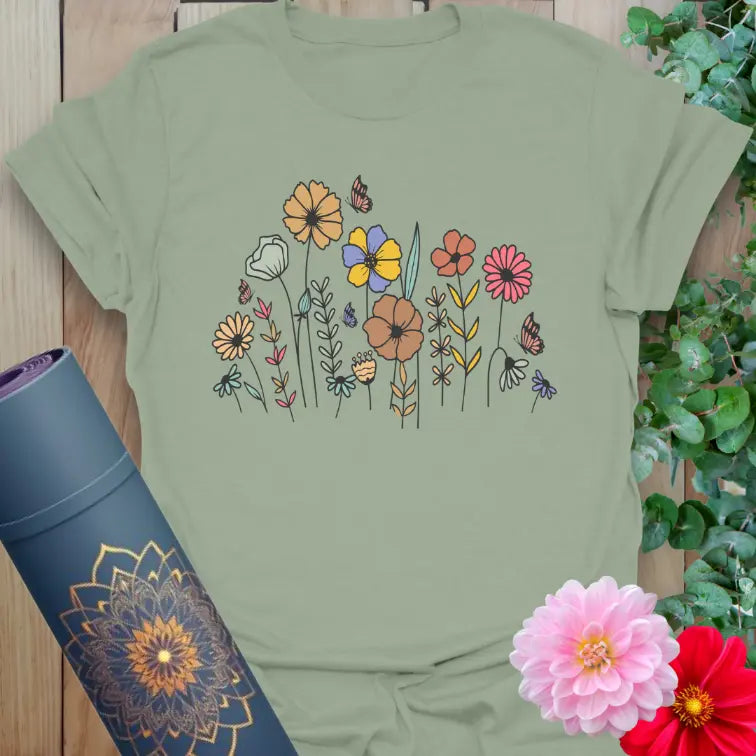 Sage green yoga tee featuring vintage wildflower garden scene with butterflies for calm, earth-connected energy.