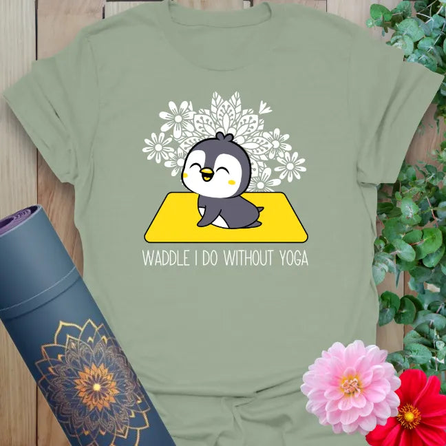 Sage green yoga tee with cartoon penguin meditating under heart mandala and playful quote for cozy, conscious wear.