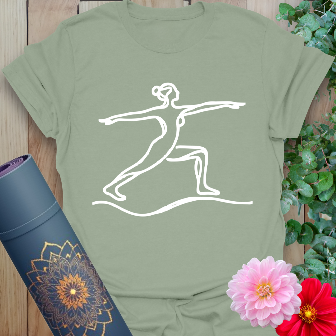 Sage green yoga t-shirt featuring minimalist Warrior II figure in white line art for grounded, soulful wear.