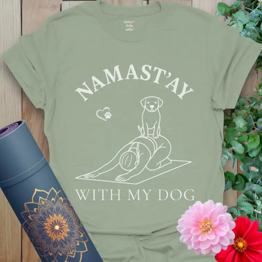 Sage With My Dog T-Shirt featuring a line-art dog sitting during a yoga pose. Soft yoga gift for dog enthusiasts.