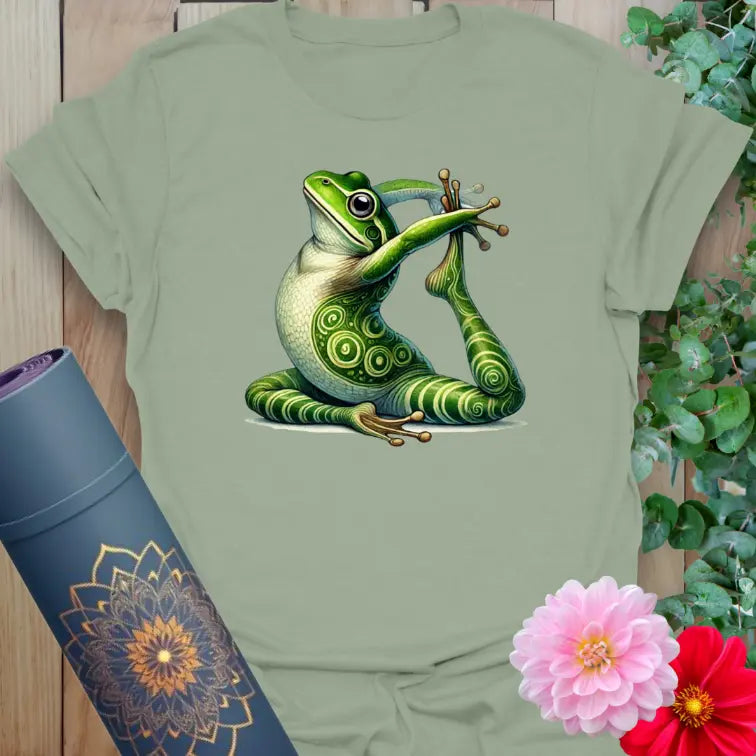 Sage green yoga t-shirt with peaceful frog in yoga posture for nature-loving yogis and fun spiritual fashion.