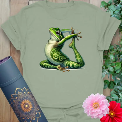 Sage green yoga t-shirt with peaceful frog in yoga posture for nature-loving yogis and fun spiritual fashion.