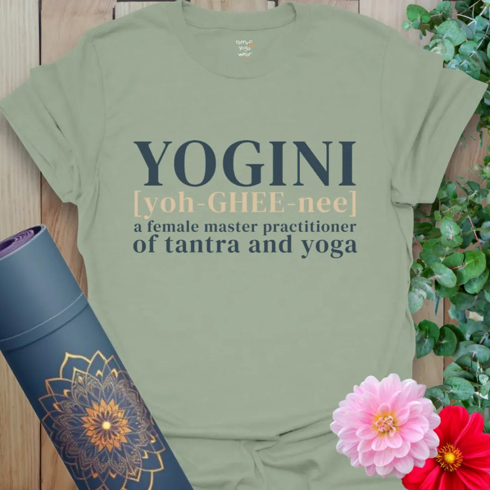 Sage Yogini T-Shirt with graceful type and serene colors. A calm, empowering yoga lifestyle shirt.