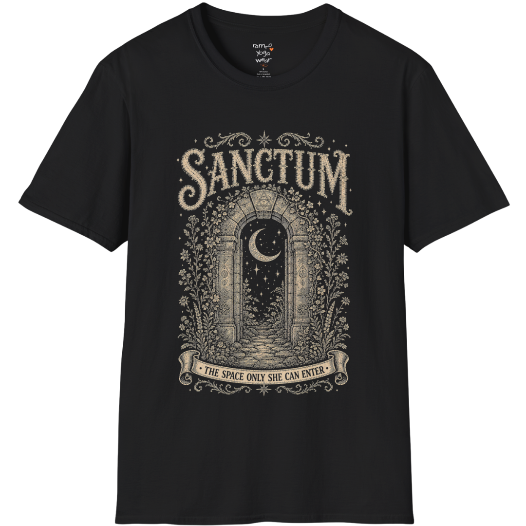 Ancient stone archway with crescent moon and botanical engraving design — Dark Sacred Stillness collection by Ramro Yoga Wear — Black