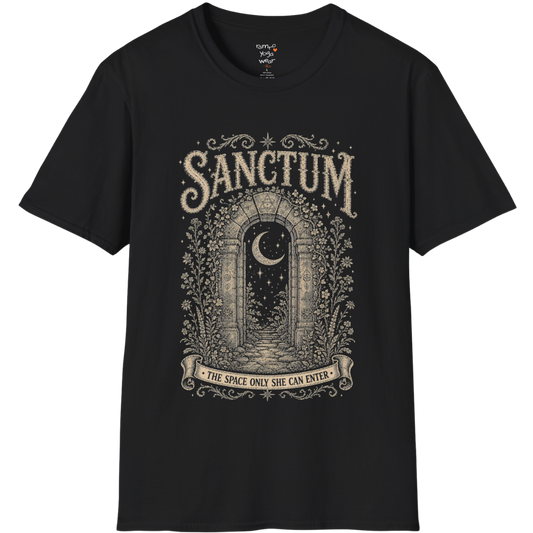 Ancient stone archway with crescent moon and botanical engraving design — Dark Sacred Stillness collection by Ramro Yoga Wear — Black