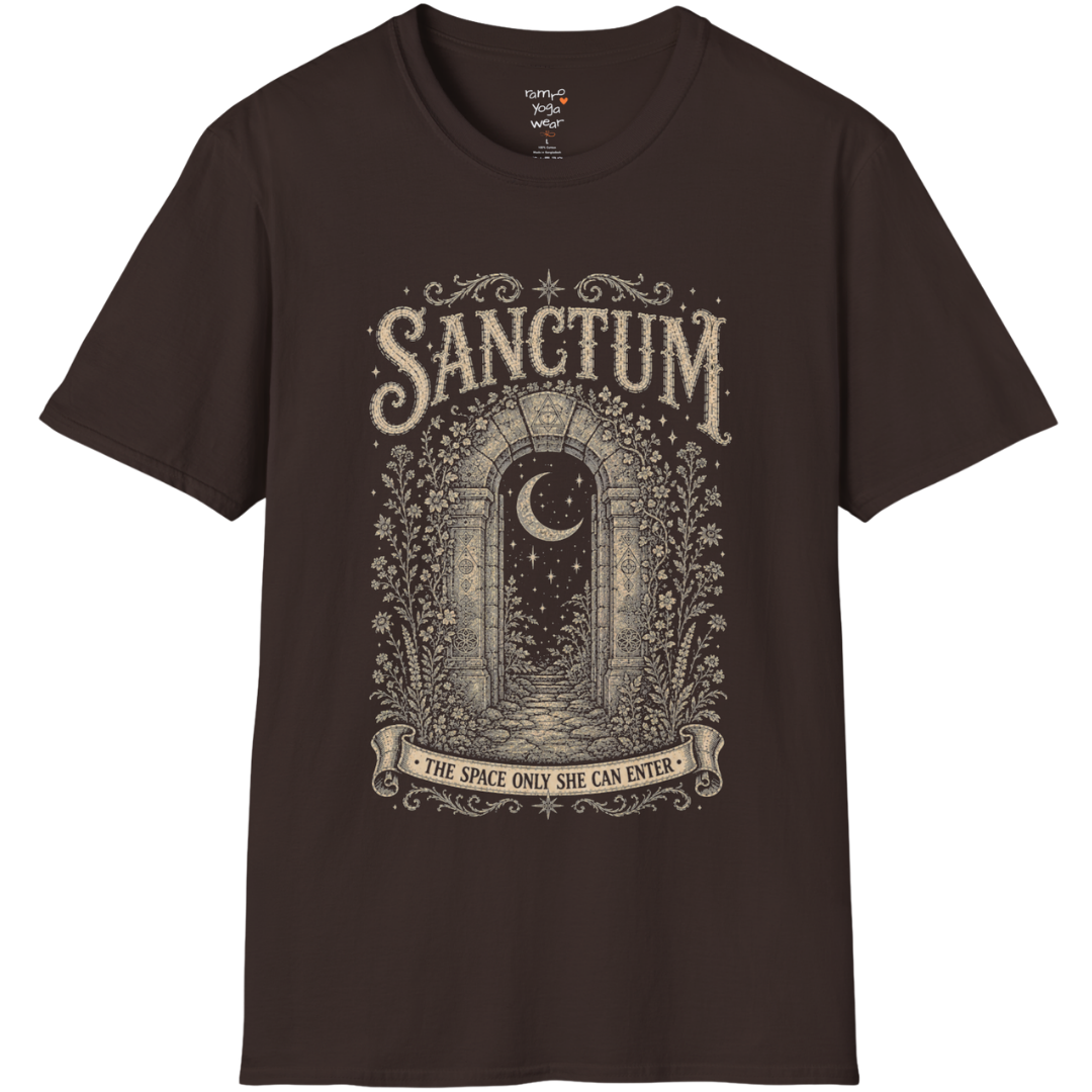 Ancient stone archway with crescent moon and botanical engraving design — Dark Sacred Stillness collection by Ramro Yoga Wear — Dark Chocolate