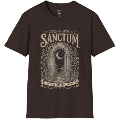 Ancient stone archway with crescent moon and botanical engraving design — Dark Sacred Stillness collection by Ramro Yoga Wear — Dark Chocolate