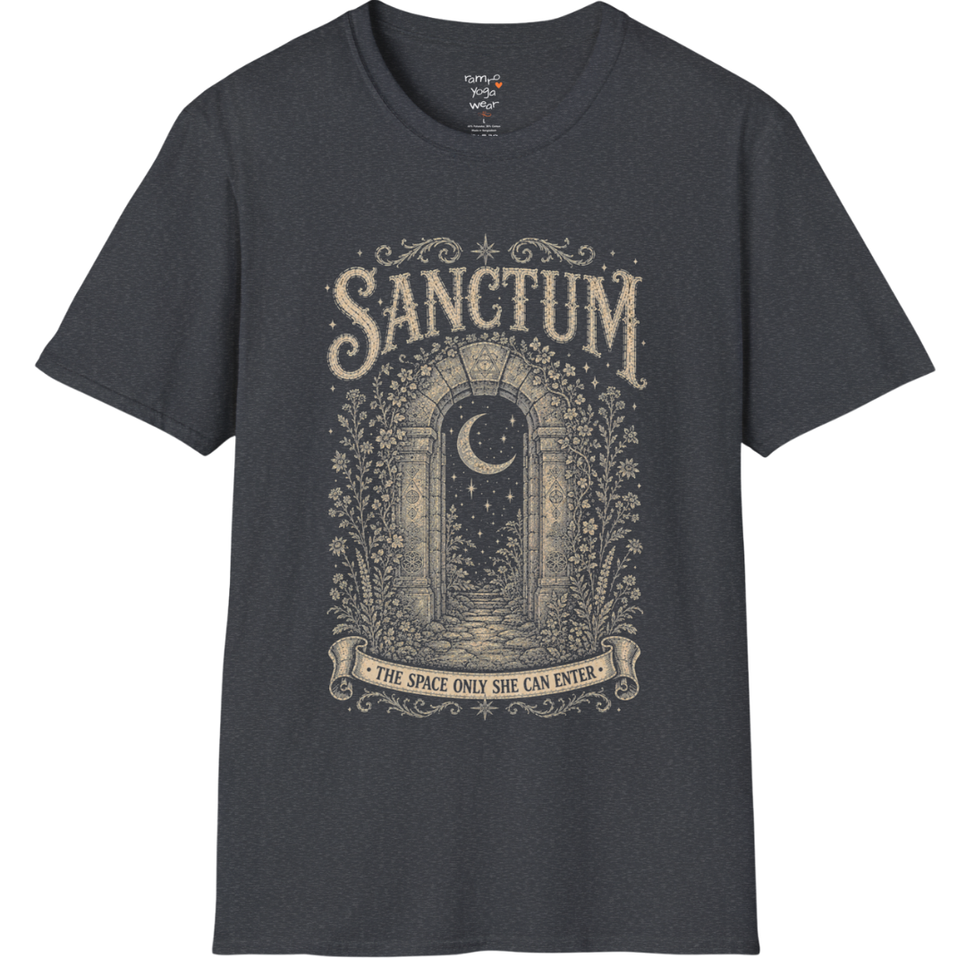 Ancient stone archway with crescent moon and botanical engraving design — Dark Sacred Stillness collection by Ramro Yoga Wear — Dark Heather Grey