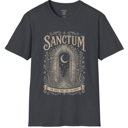 Ancient stone archway with crescent moon and botanical engraving design — Dark Sacred Stillness collection by Ramro Yoga Wear — Dark Heather Grey