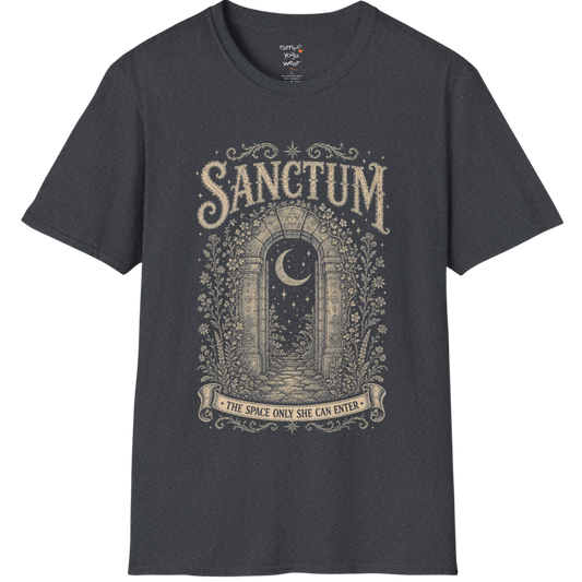 Ancient stone archway with crescent moon and botanical engraving design — Dark Sacred Stillness collection by Ramro Yoga Wear — Dark Heather Grey