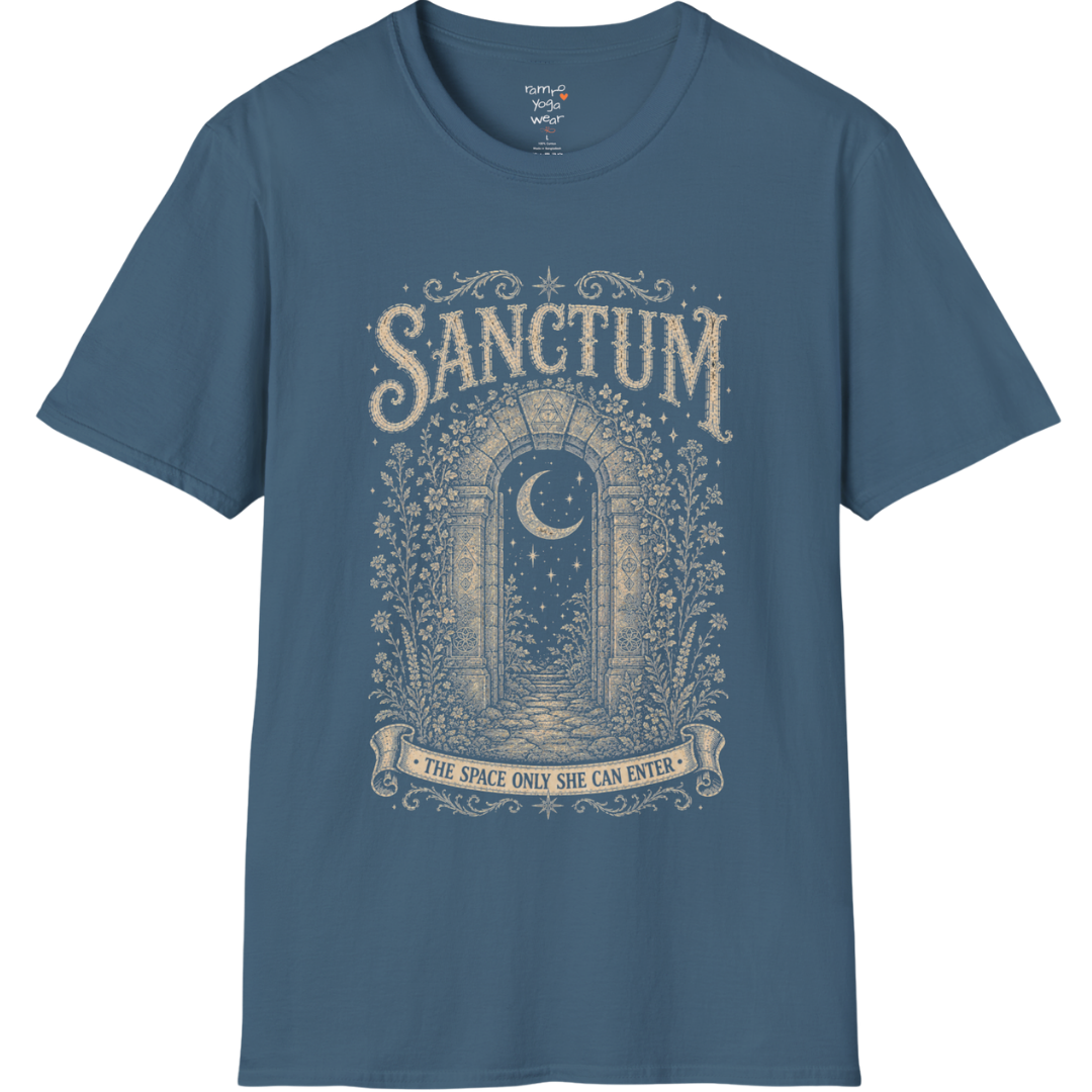 Ancient stone archway with crescent moon and botanical engraving design — Dark Sacred Stillness collection by Ramro Yoga Wear — Indigo Blue